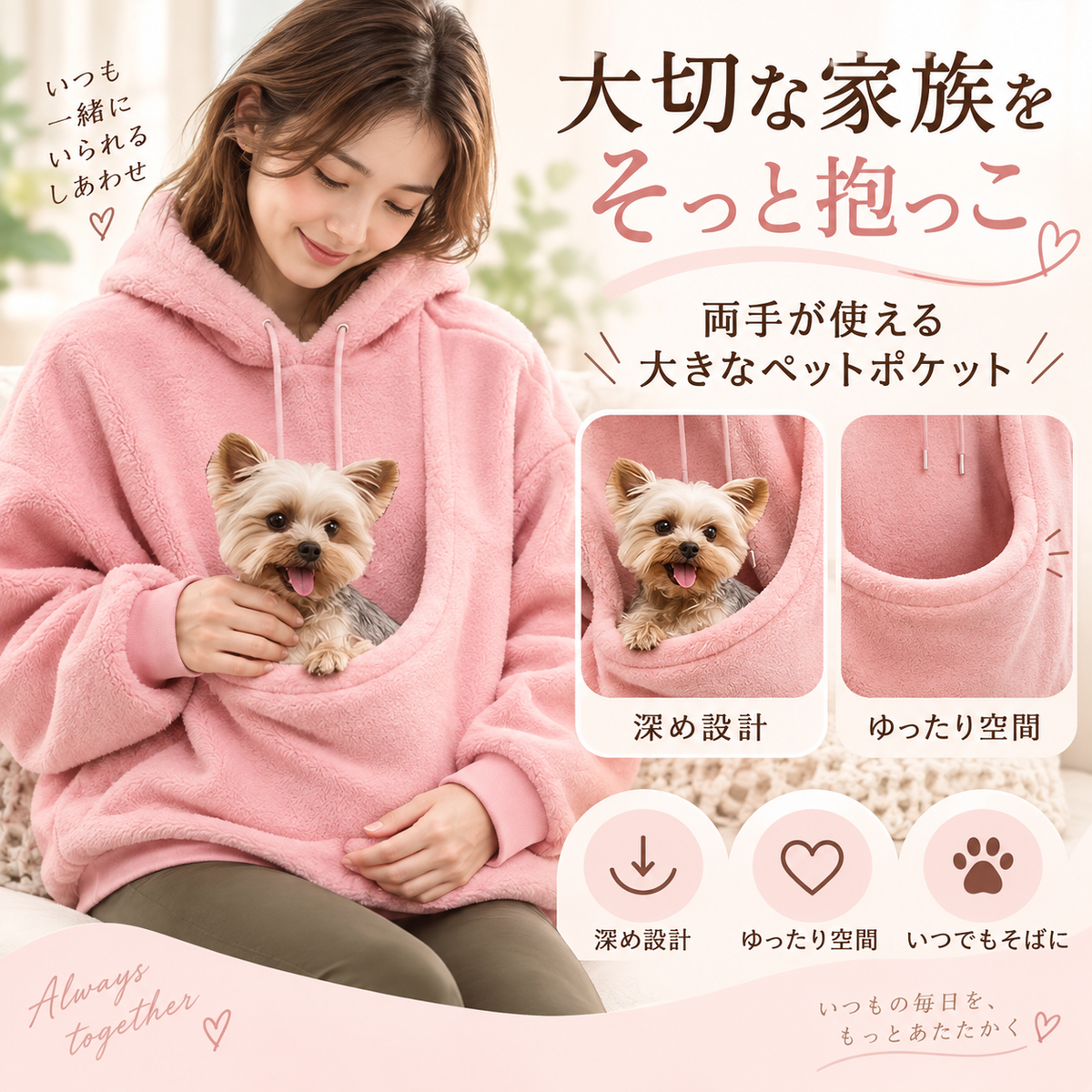 犬・猫ポケット付きパーカー もこもこパーカー フーディ 長袖