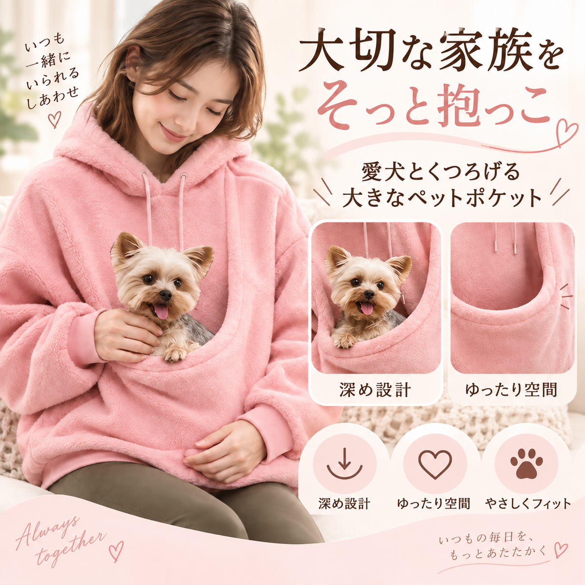 犬・猫ポケット付きパーカー もこもこパーカー フーディ 長袖