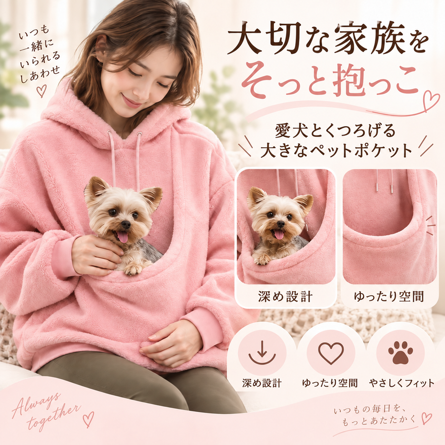 犬・猫ポケット付きパーカー もこもこパーカー フーディ 長袖