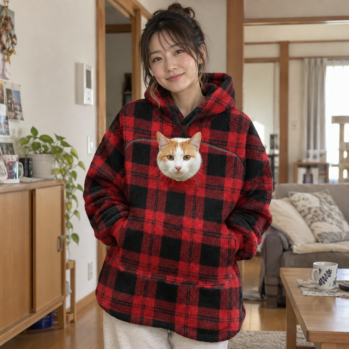 犬猫用カンガルーポケット付き もこもこフードパーカー 長袖