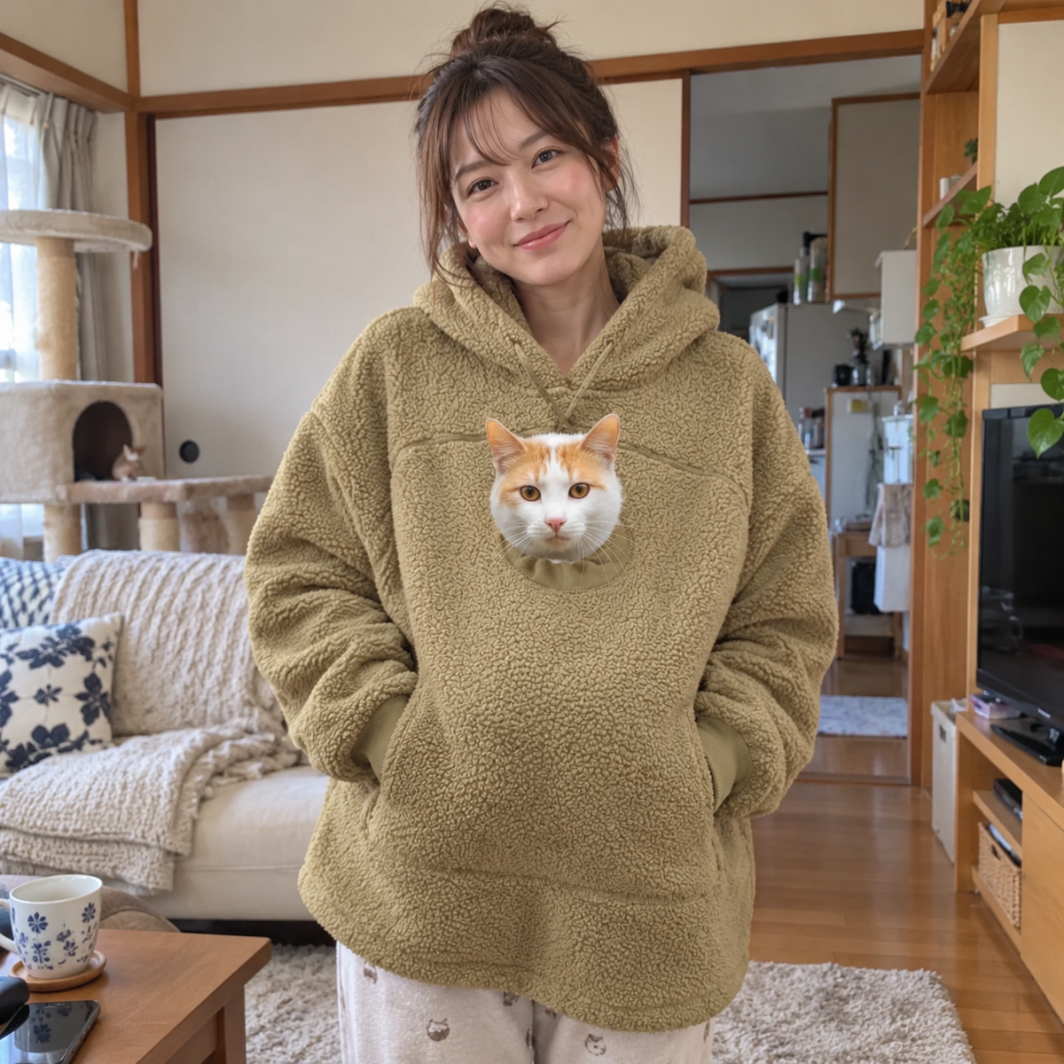犬猫用カンガルーポケット付き もこもこフードパーカー 長袖