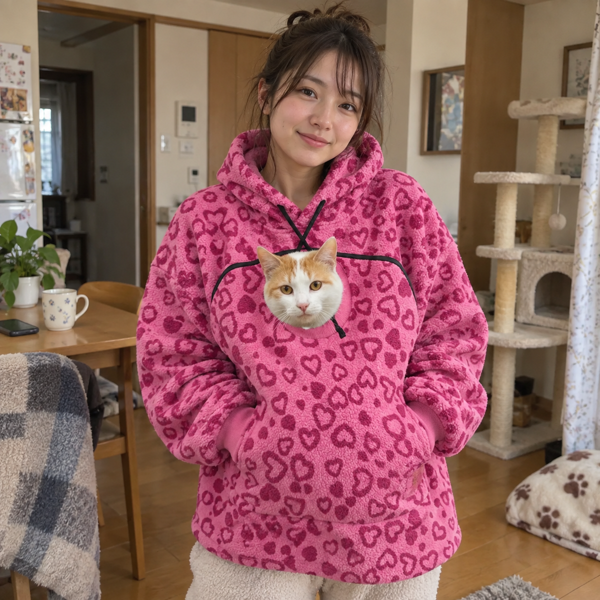 犬猫用カンガルーポケット付き もこもこフードパーカー 長袖