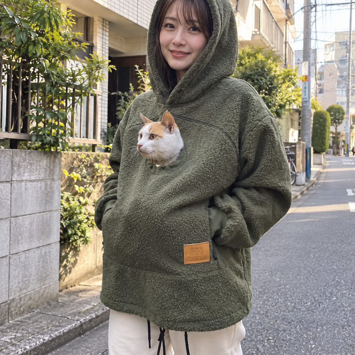 犬猫用カンガルーポケット付き もこもこフードパーカー 長袖