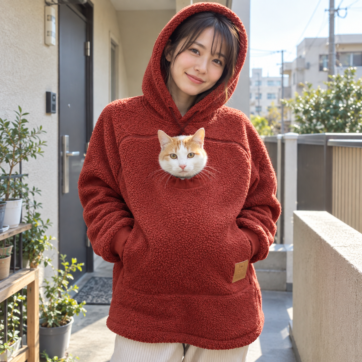犬猫用カンガルーポケット付き もこもこフードパーカー 長袖