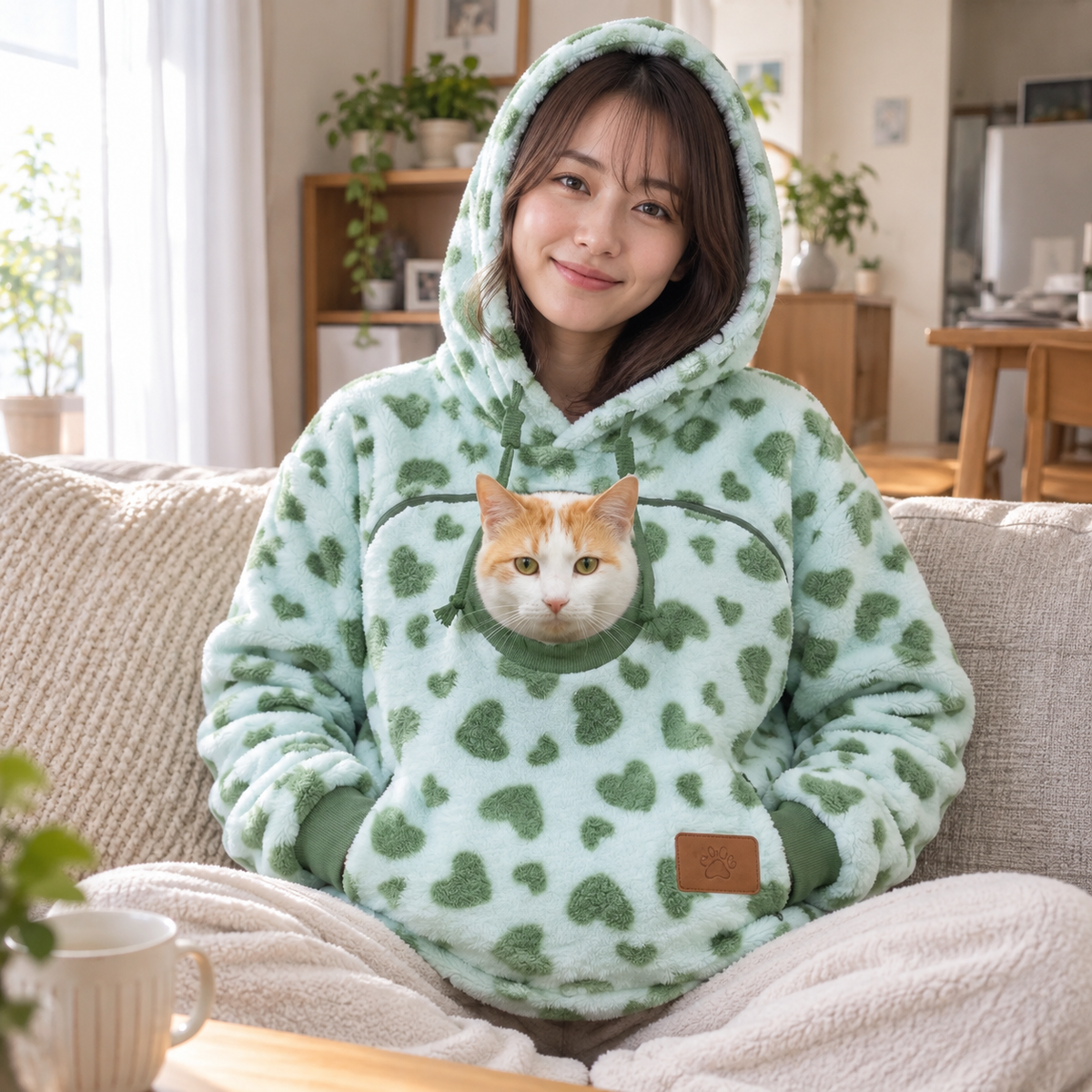 犬猫用カンガルーポケット付き もこもこフードパーカー 長袖