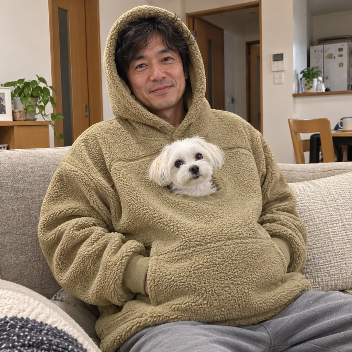 犬猫用カンガルーポケット付き もこもこフードパーカー 長袖