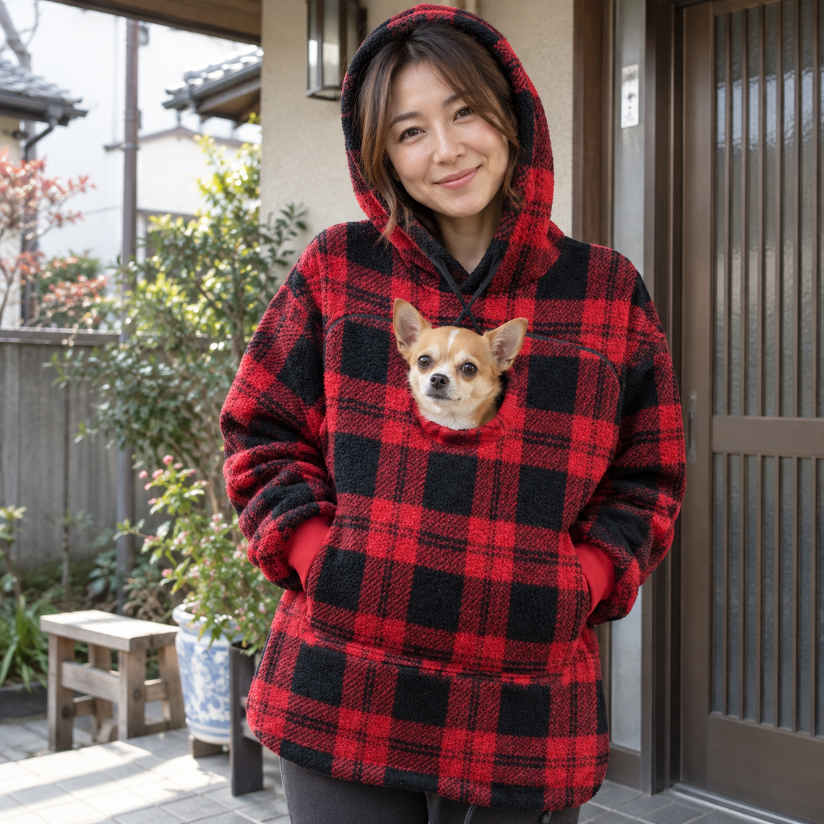 犬猫用カンガルーポケット付き もこもこフードパーカー 長袖