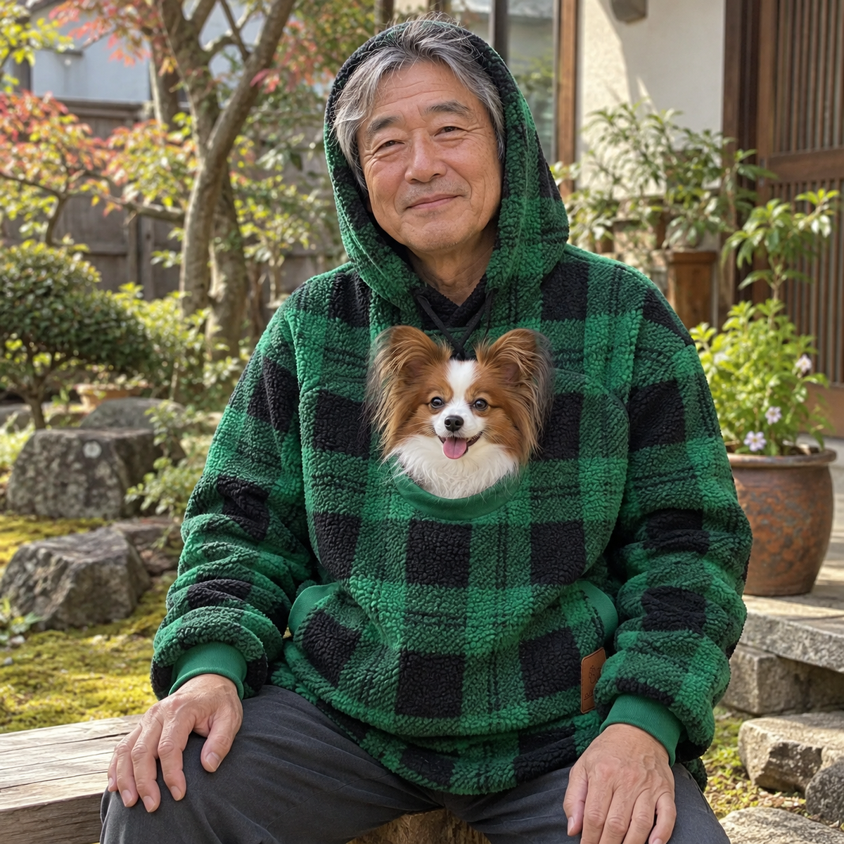 犬猫用カンガルーポケット付き もこもこフードパーカー 長袖