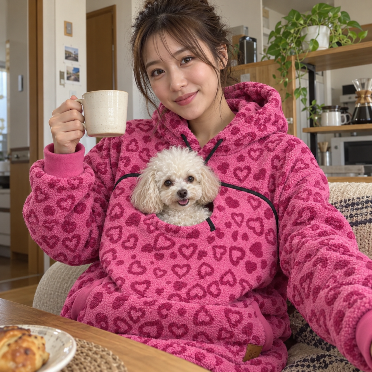 犬猫用カンガルーポケット付き もこもこフードパーカー 長袖