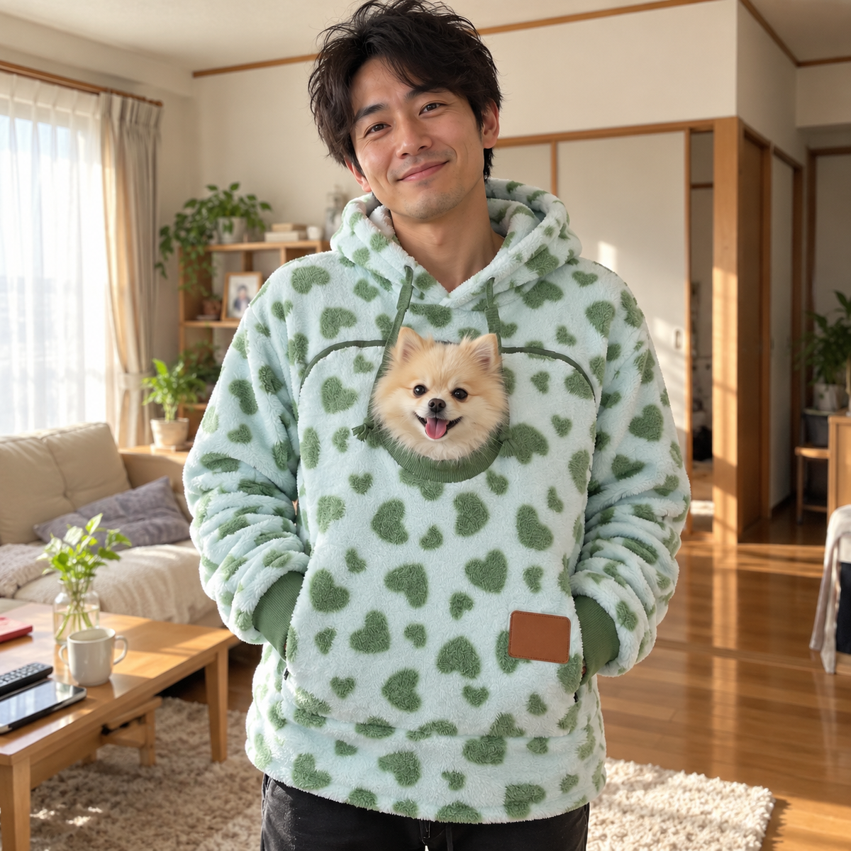 犬猫用カンガルーポケット付き もこもこフードパーカー 長袖