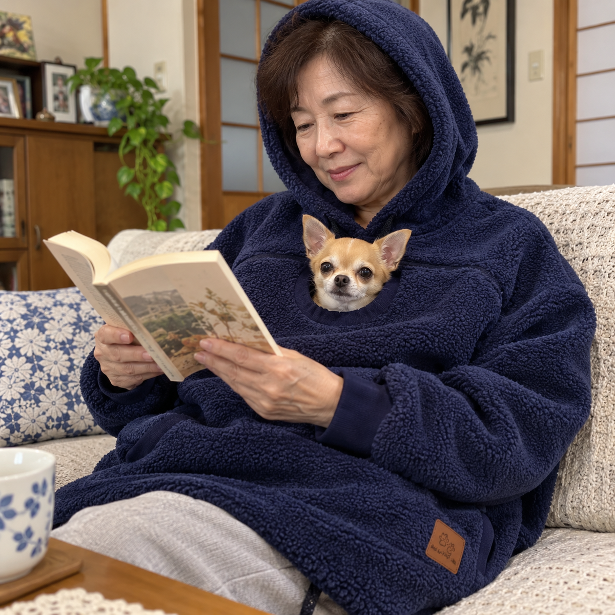 犬猫用カンガルーポケット付き もこもこフードパーカー 長袖
