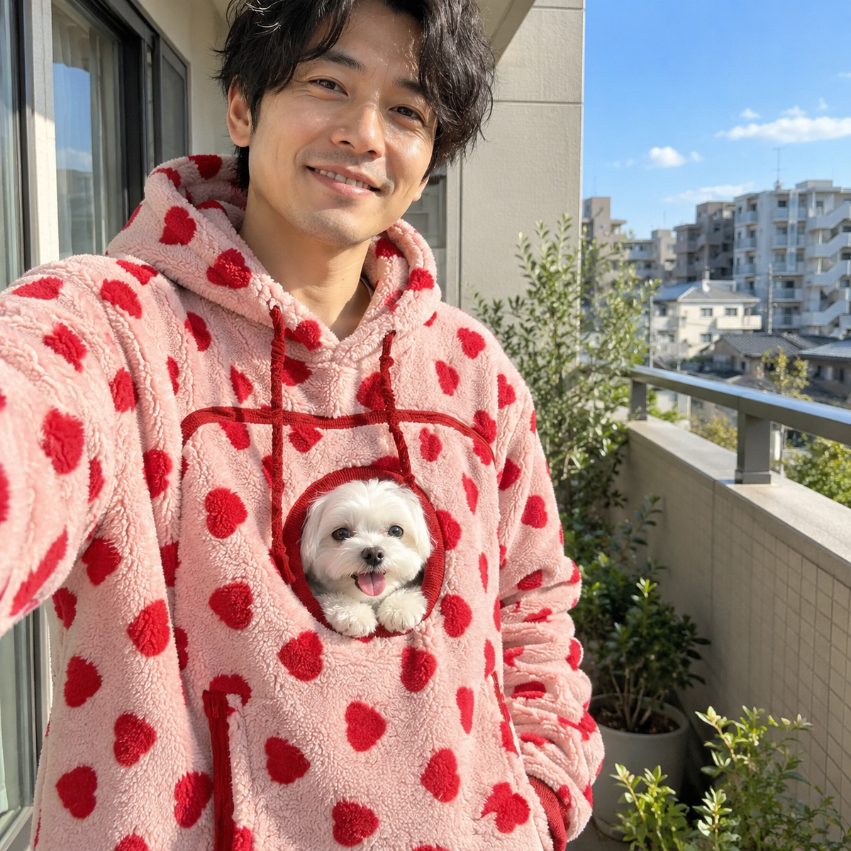 犬猫用カンガルーポケット付き もこもこフードパーカー 長袖