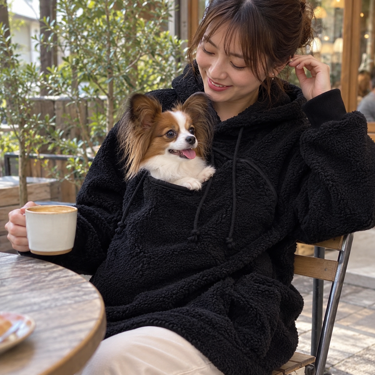 犬猫用カンガルーポケット付き もこもこフードパーカー 長袖